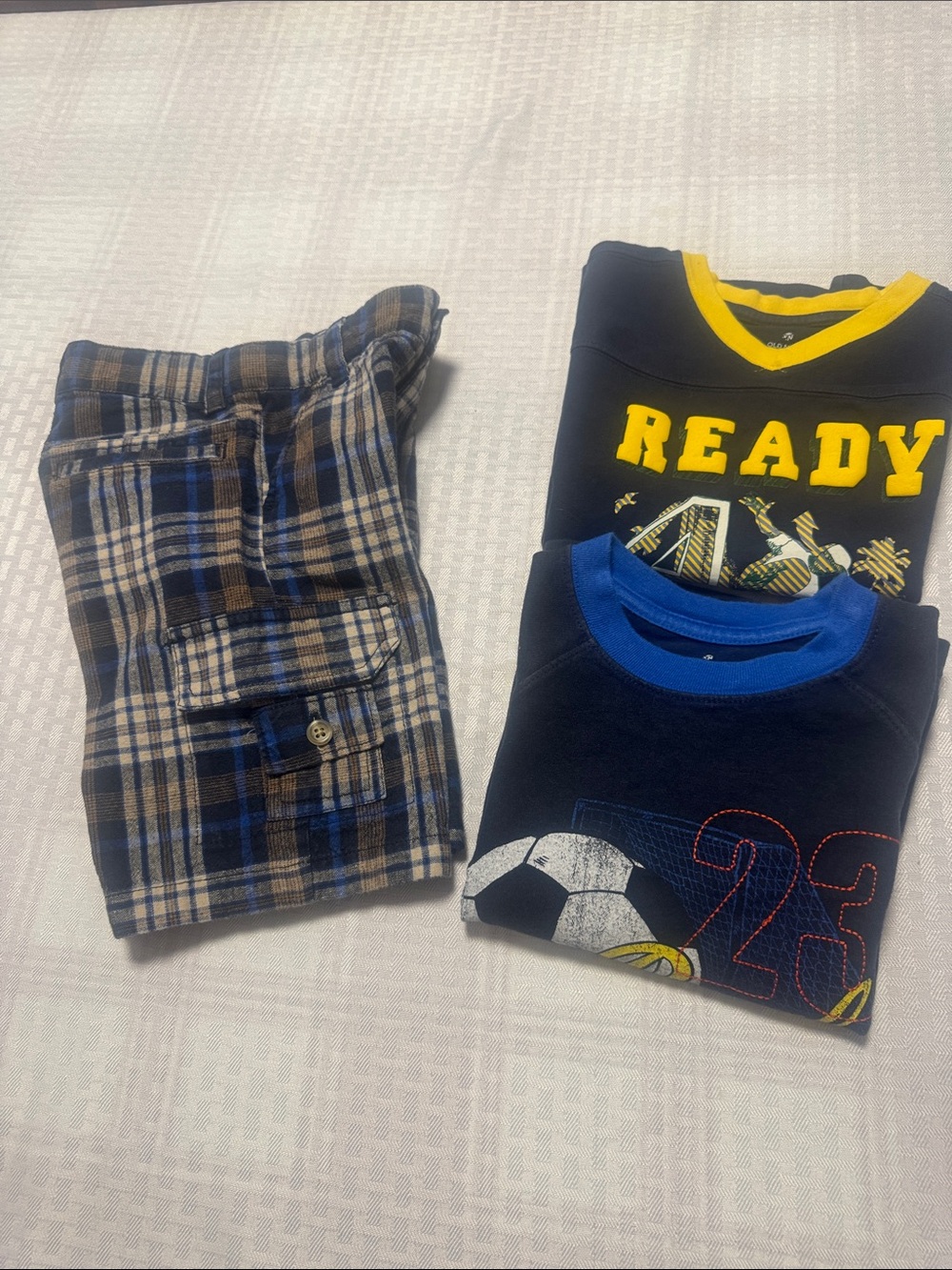 Old Navy Boys Navy, Blue & Yellow Tops with Plaid Pants
